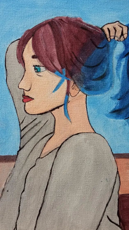 Un tableau représentant une femme aux cheveux bleus refaisant sa queue de cheval.